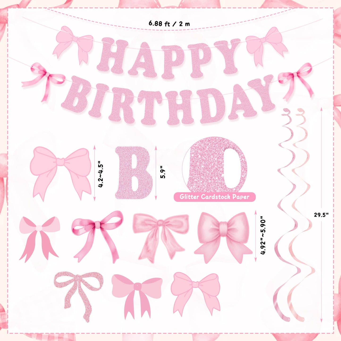 Bow Birthday Party Decorations, Cute Pink Bow Birthday Banner Bows Party Hanging Swirls Set for Women Girls Bows Party Decorations, Baby Shower Party Decor Supplies