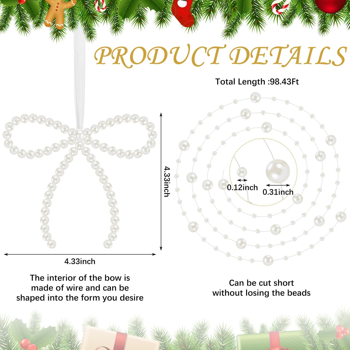 Chunful 37 Pcs Pearl Bow Christmas Tree Ornaments Pearl Bow Beads Garland Decorations for Xmas Cake Holiday Wedding Home Decor Crafts