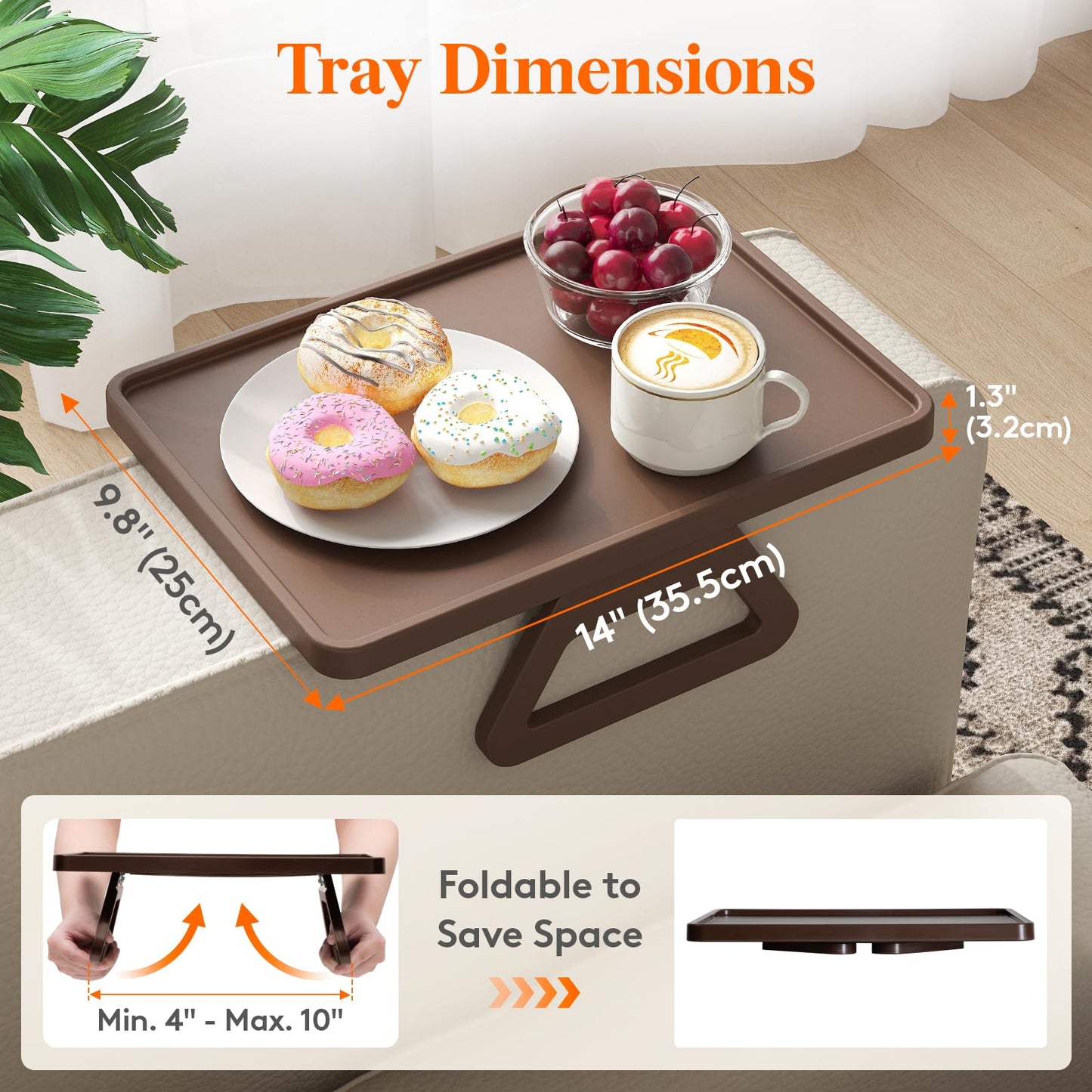 Lifewit Plastic Rotating Couch Armrest Table, Adjustable Sofa Arm Clip Holder Tray for Snack/Fast Food/Fruit/Drink, Large Foldable Stable Sofa Table with Reinforced Clamp, Brown