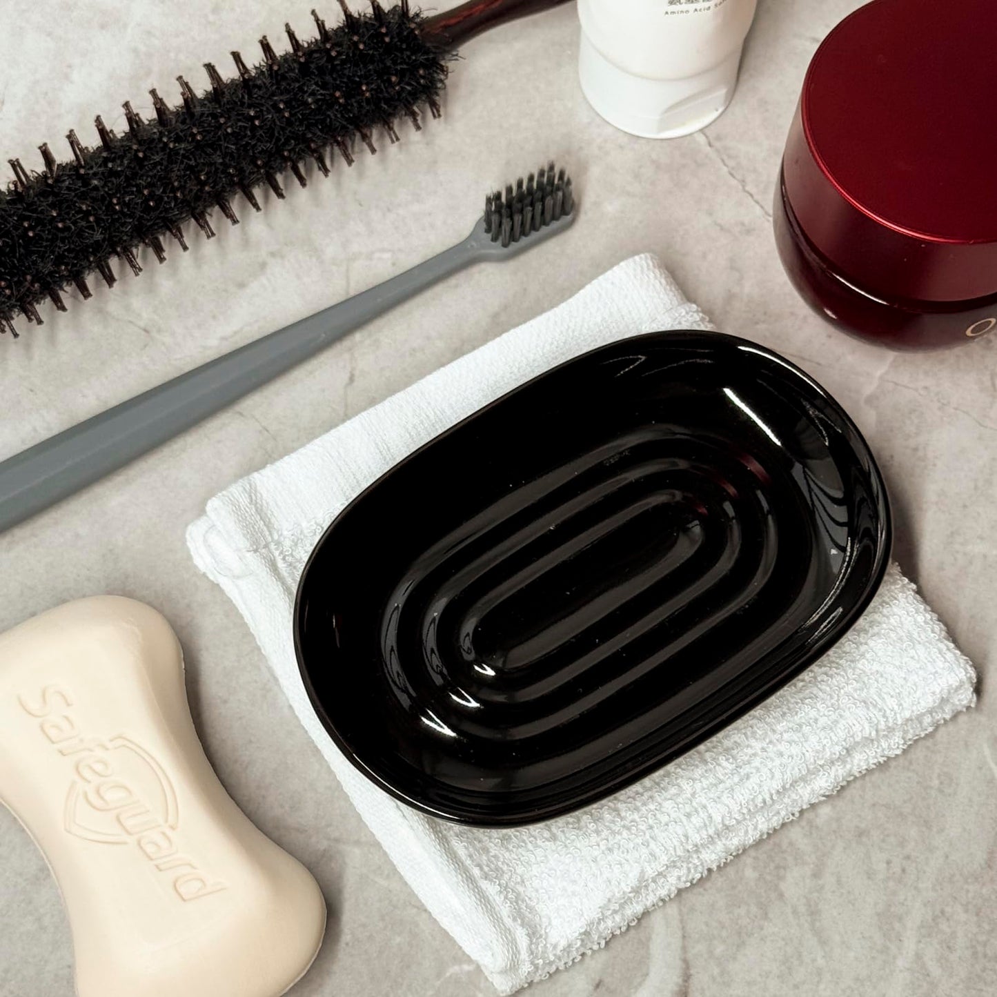 Ceramic Marble Pattern Soap Dish, Textured Raised Soap Saver Tray for Shower Bathroom Kitchen Sink Vanity, Easy to Clean Multi-Use Holder for Bar Soap Jewelry Rings Keys, Black (1 Pack)