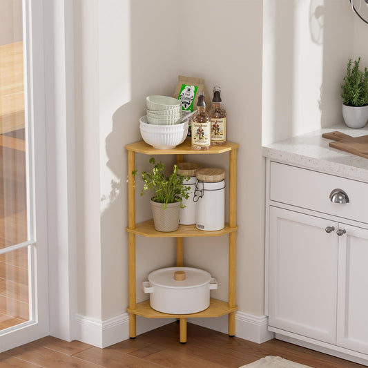 Atoping 3 Tier Bamboo Corner Shelf, Storage Stand with Adjustable Feet, Small Space Corner Bookcase, Outdoor Plant Stand, Space-Saving Organizer for Bathroom Kitchen Living Room