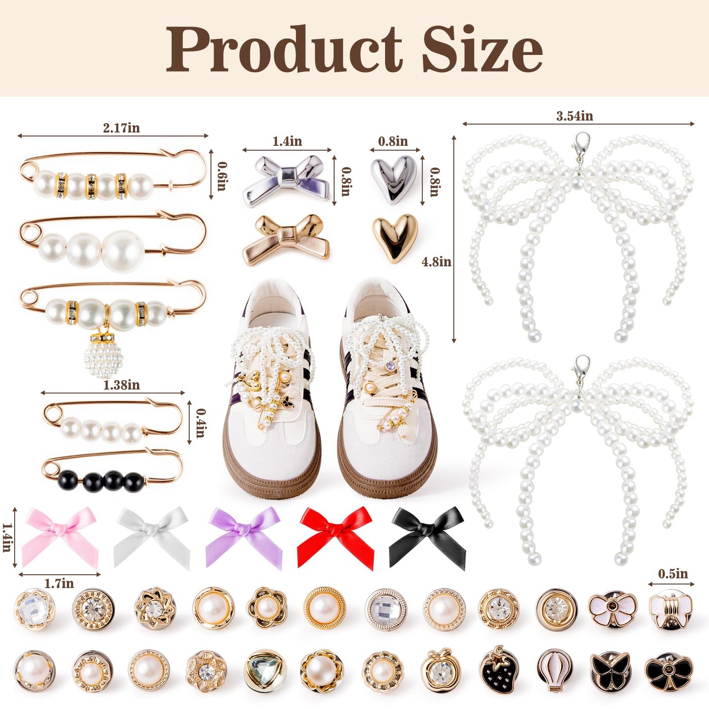 RQAYE 50pcs Shoe Charms for Sneakers & Accessories - DIY Shoe Lace Pearl Rhinestone Brooches and Pins for Women,Junk Socks Charms Kit and Satin Cute Shoelace Accessories