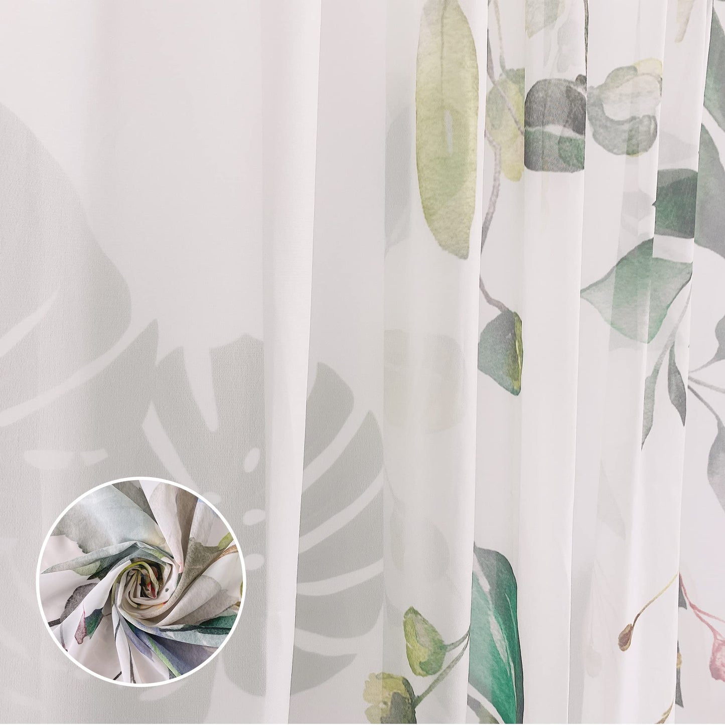 Fereyis Green Eucalyptus Leaves Sheer Curtains for Living Room 84 inch Length 2 Panels Set Elegant Wild Flower Floral Spring Printed Window Curtain Natural Chiffon Drapes for Bedroom