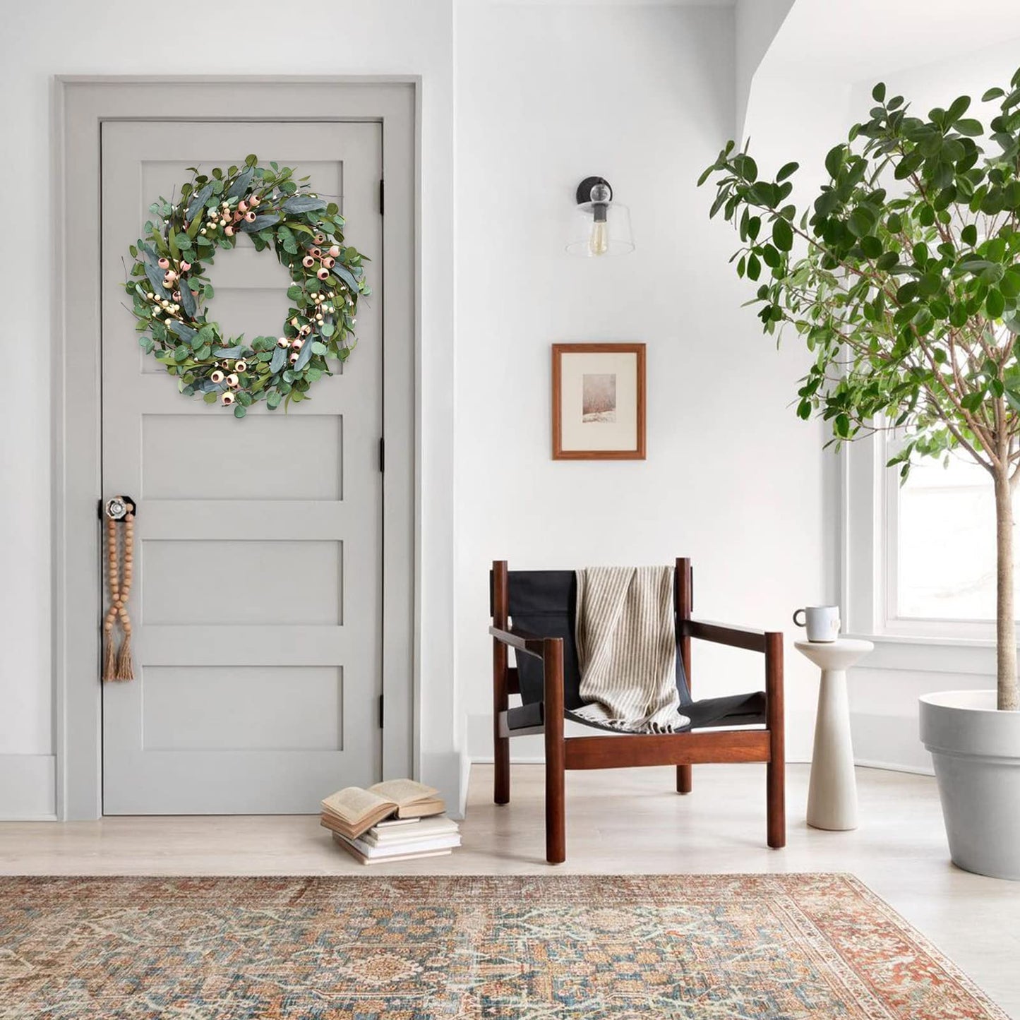 Bibelot 20inch Artificial Eucalyptus Wreath Green Leaves White Berry Big Berries Wreath for Front Door All Seasons Decoration Year Round Decor Home Decor