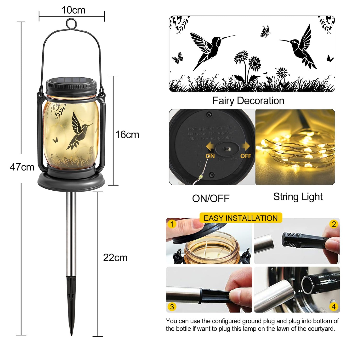 ANGMLN Hummingbird Solar Lanterns Outdoor Waterproof -Gifts for Women Mom Grandma Birthday, Mothers Day, Mason Jar Hanging Lights for Patio, Yard, Porch, Balcony, Garden Decor