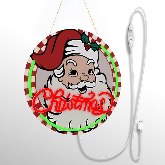 Merry Christmas Welcome Sign for Front Door with Light Strip Front Door Xmas Decoration 12.5”UV-Printed PVC Foam Board Porch Sign for Christmas Decor Indoor Outdoor Home Wall(Santa Claus)