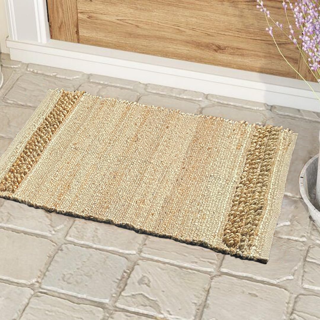 Chardin home 2x3 Jute Cotton Hand Woven Doormat Rug, Natural Jute Braided Entryway Mat | Rustic Boho Farmhouse Textured Accent Rug for Front Door, Kitchen, Bedroom, or Bathroom | Natural Fiber Rug