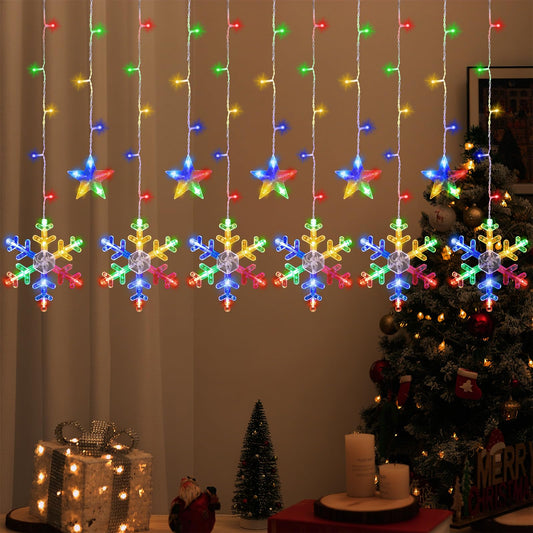 Lewondr 138 LED Christmas String Curtain Lights, Hanging Fairy Lamp with 6H Timer & 8 Modes, USB & Remote Control Snowflake+Stars String Lights for Xmas Wedding Party Xmas Indoor Decor, Colorful Light
