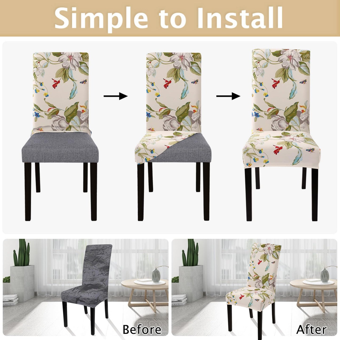 SearchI Chair Covers Slipcovers Set of 4, Spandex Super Fit Stretch Removable Washable Kitchen Parsons Protector for Dining Room,Hotel,Ceremony,Beige+Flowers