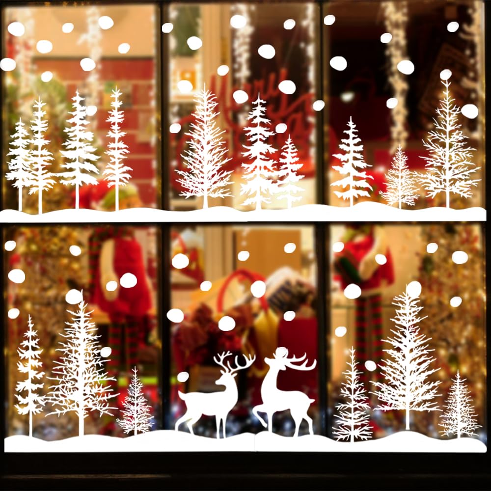 DIYDEC 8 Sheets Christmas Window Clings Snowy Christmas Forest Trees Window Decals Double-Sided Winter Window Stickers Decorations for Xmas Holiday Home Party Glass