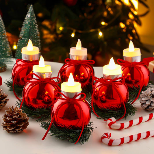 Suncalla 6 Pcs Red Christmas Tealight Candle Holder Christmas Dinner Table Decorations Ball Candlestick Holder with Bow and Wreath for Party Indoor Decorations
