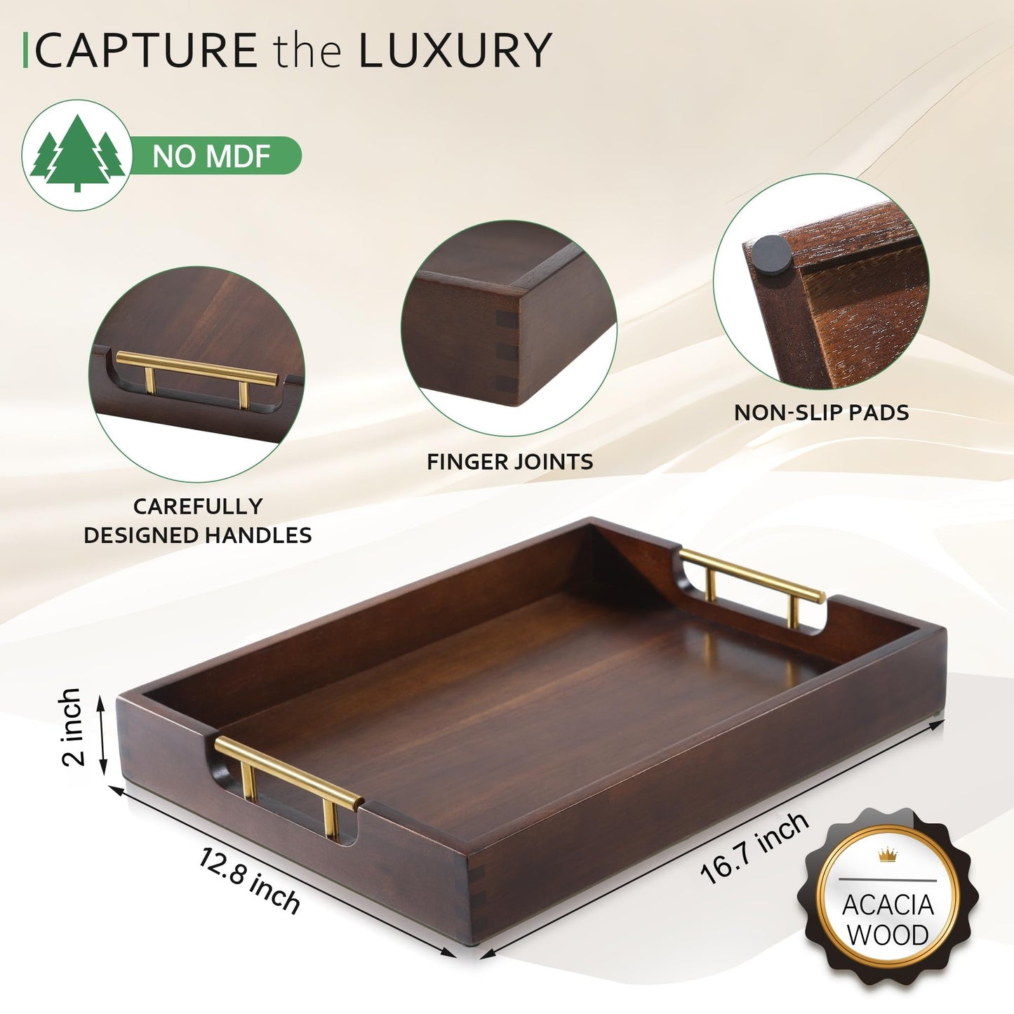 Joy&Grace Ottoman Tray for Living Room, Large Acacia Wooden Serving Tray with Handles for Coffee Table, Breakfast in Bed, Food Dinner, Decorative Tray (Sleek Brown, 16.7" x 12.8" x 2")