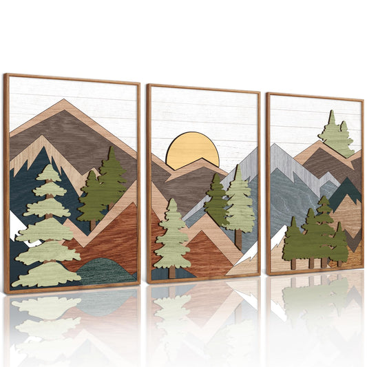 TOARTi Framed Wood Panel Mountain Forest Landscape Wall Decor (16"x24"), Vintage Nature Wilderness Woodland Wall Art, Mid Century Modern Sunrise Wooden Cut Decor for Farmhouse Bedroom Living Room
