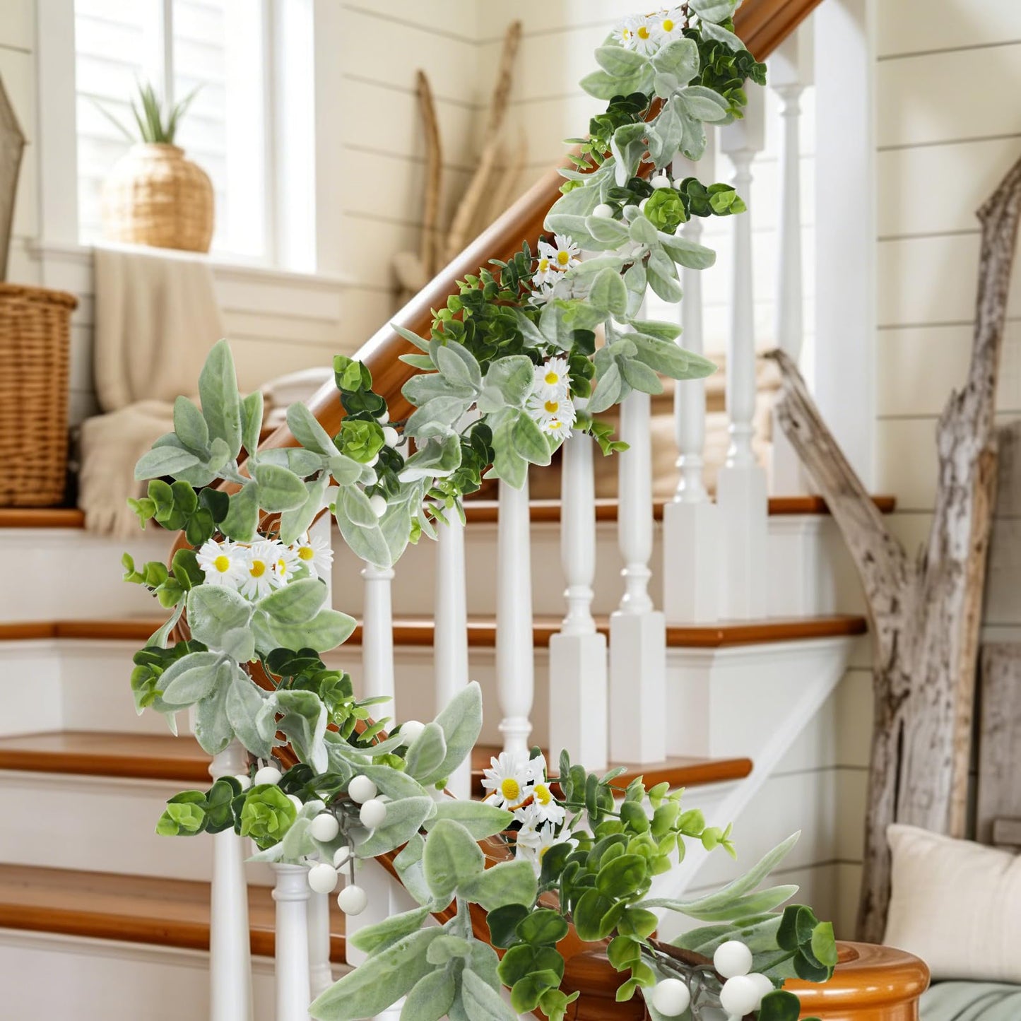 Artificial Eucalyptus Garland 6FT with Flowers & White Berries – Faux Greenery Garland for Spring Wedding Mantle Table Indoor Outdoor Home Decor