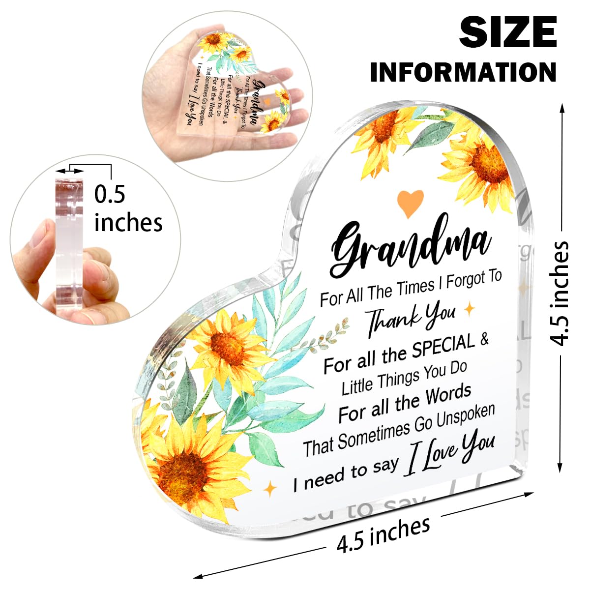 Gifts for Grandma from Grandchildren,Appreciation Gifts for Grandma Thanksgiving Christmas Birthday,For All the Times that I Forgot Say Sign Sunflowers Acrylic Plaque 4.5x4.5 Inches
