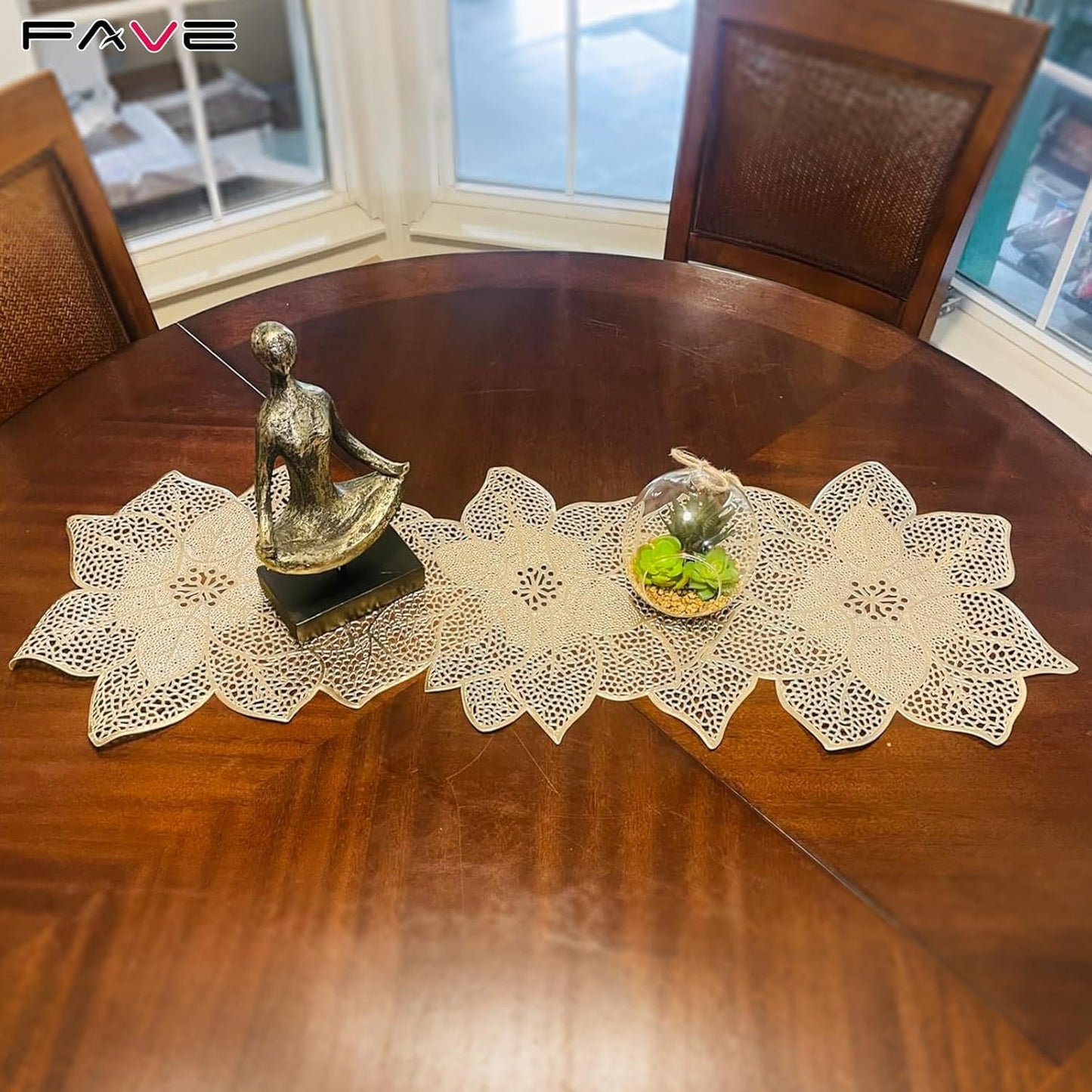 FAVE Gold Table Runner 36 Inches Flower Shaped Dining Table Runner Waterproof Washable for Wedding Banquet Birthday Party Restaurant Decor and Daily Ues(Gold Flower Shaped)