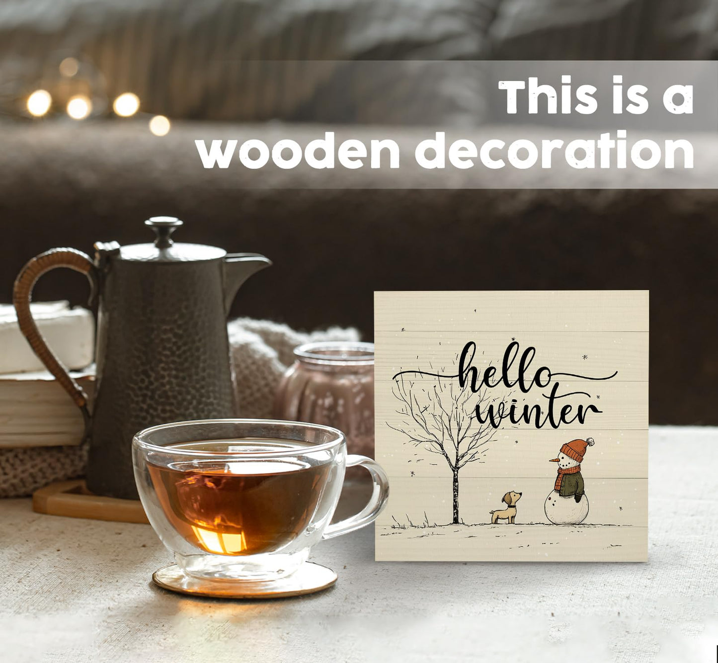 Nitelat Hello Winter Sign, Winter Decorations for Home, Christmas Snowman Snowflake Wooden Box Sign, Snowman Christmas Wood Signs for Home Office Desk Table Shelf Decor, 5x5 Inch