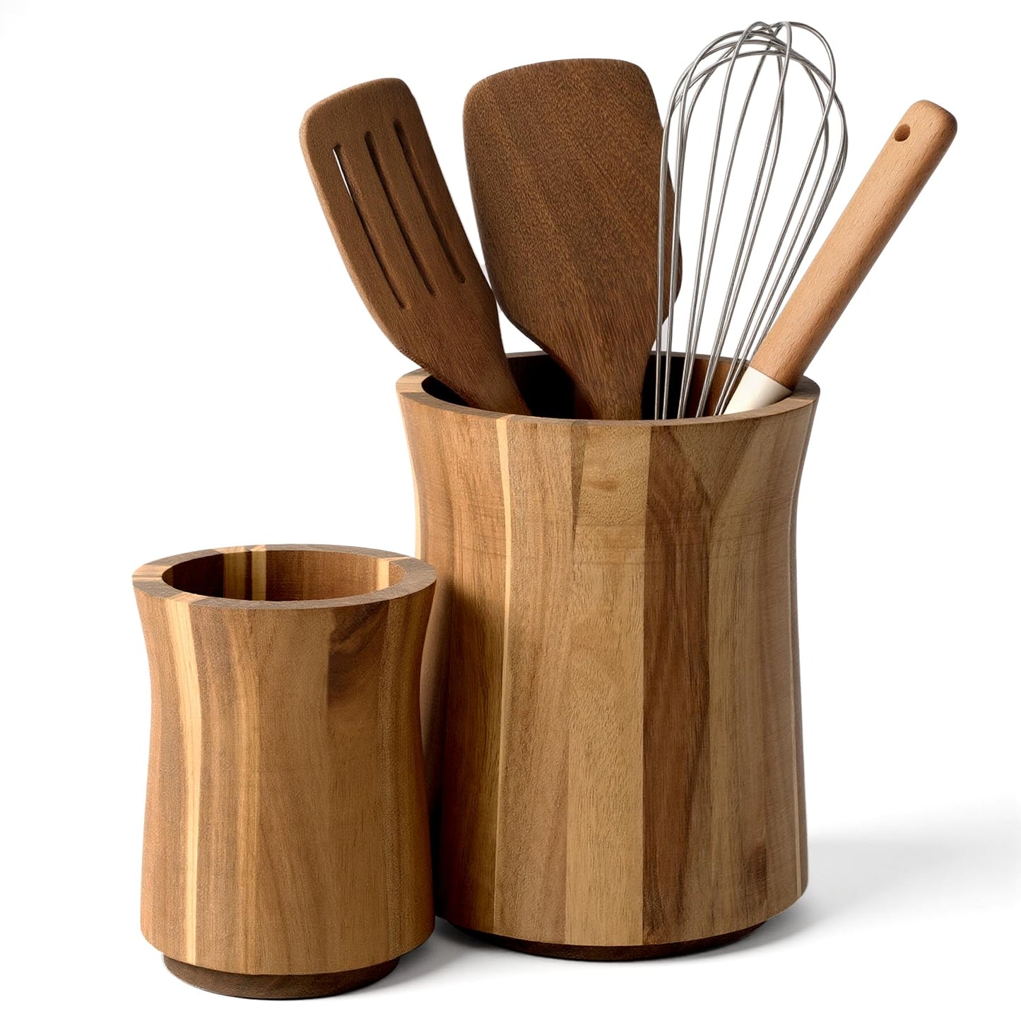 KongTiva 2 Pcs Wooden Utensil Holder for Kitchen Counter, 360° Rotating Kitchen Utensil Holder 7.3" & 6" Large Cooking Utensil Crocks for Countertop Spatula Storage Farmhouse Kitchen Decor