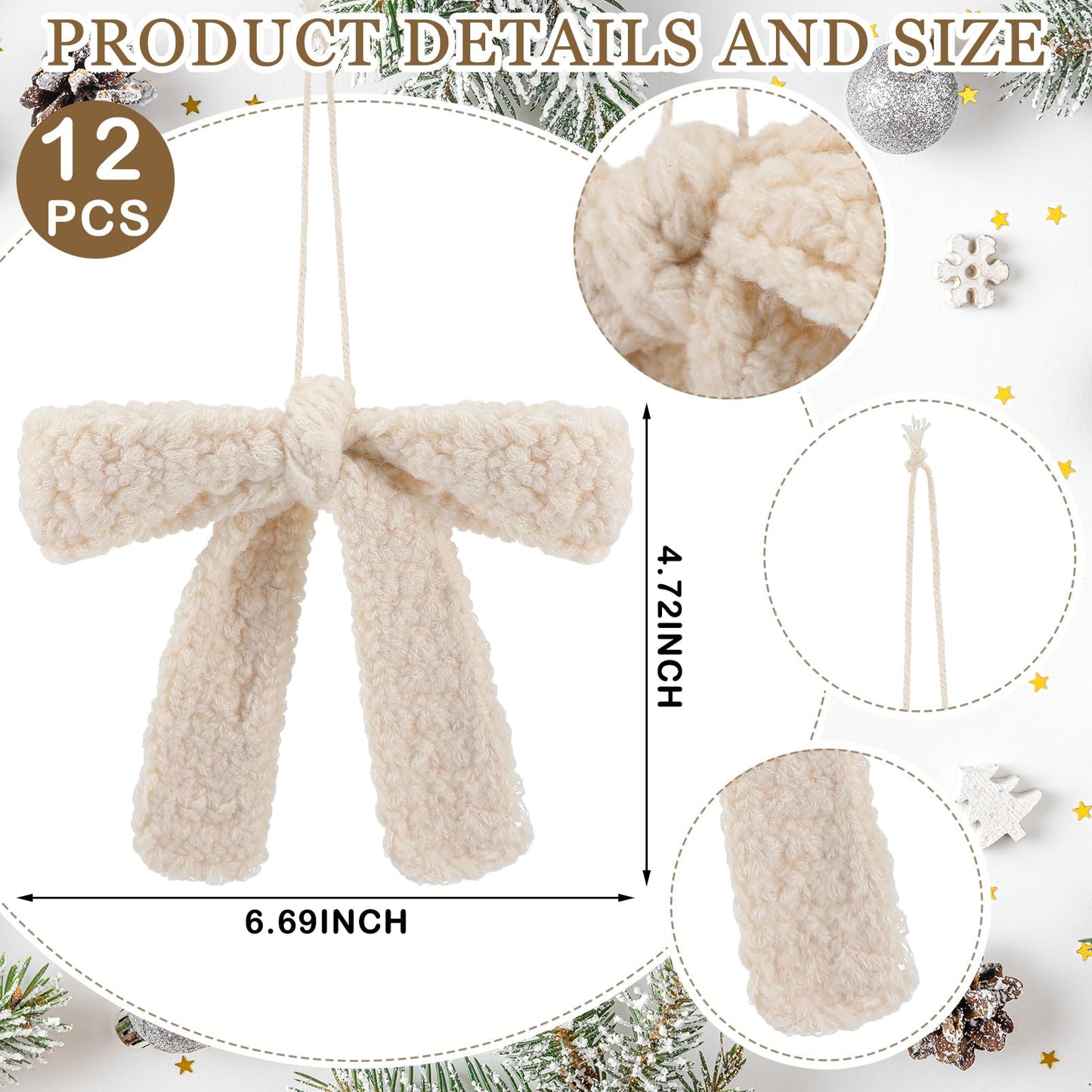 Soulchen 12 Pcs Crochet Bow Christmas Ornaments Large Neutral Christmas Knitted Ornaments Boho Bownot Hanging Handmade Decoration for Xmas Tree Farmhouse Rustic Decor Holiday Fireplace Garland Decor