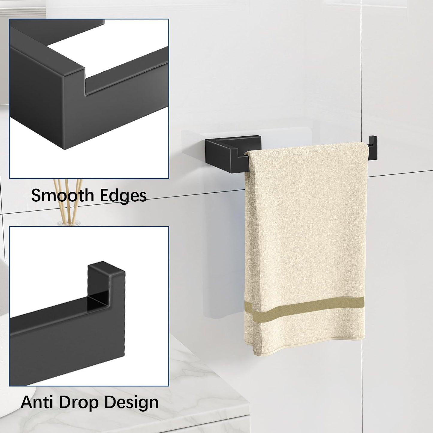Gypie Hand Towel Holder for Bathroom Wall 2 Pack -Modern Towel Ring Square Hidden Mount with Dual Screws, Anti-Slip End, Stainless Steel, Matte Black