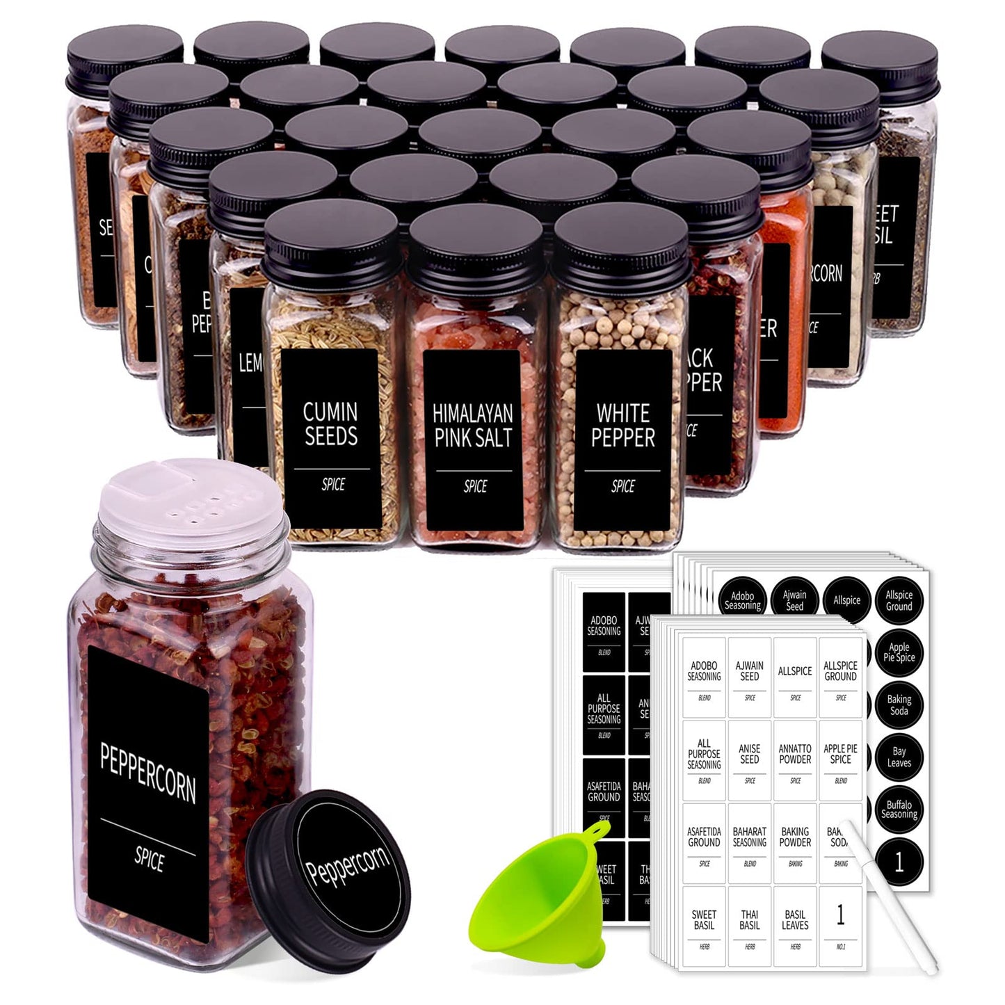 Churboro 36 Spice Jars with 547 Labels- Glass Spice Jars with Black Metal Caps, 4oz Empty Spice Containers with Shaker Lids, Funnel, Chalk Pen, Square Seasoning Bottles for Spice Rack, Drawer, Cabinet