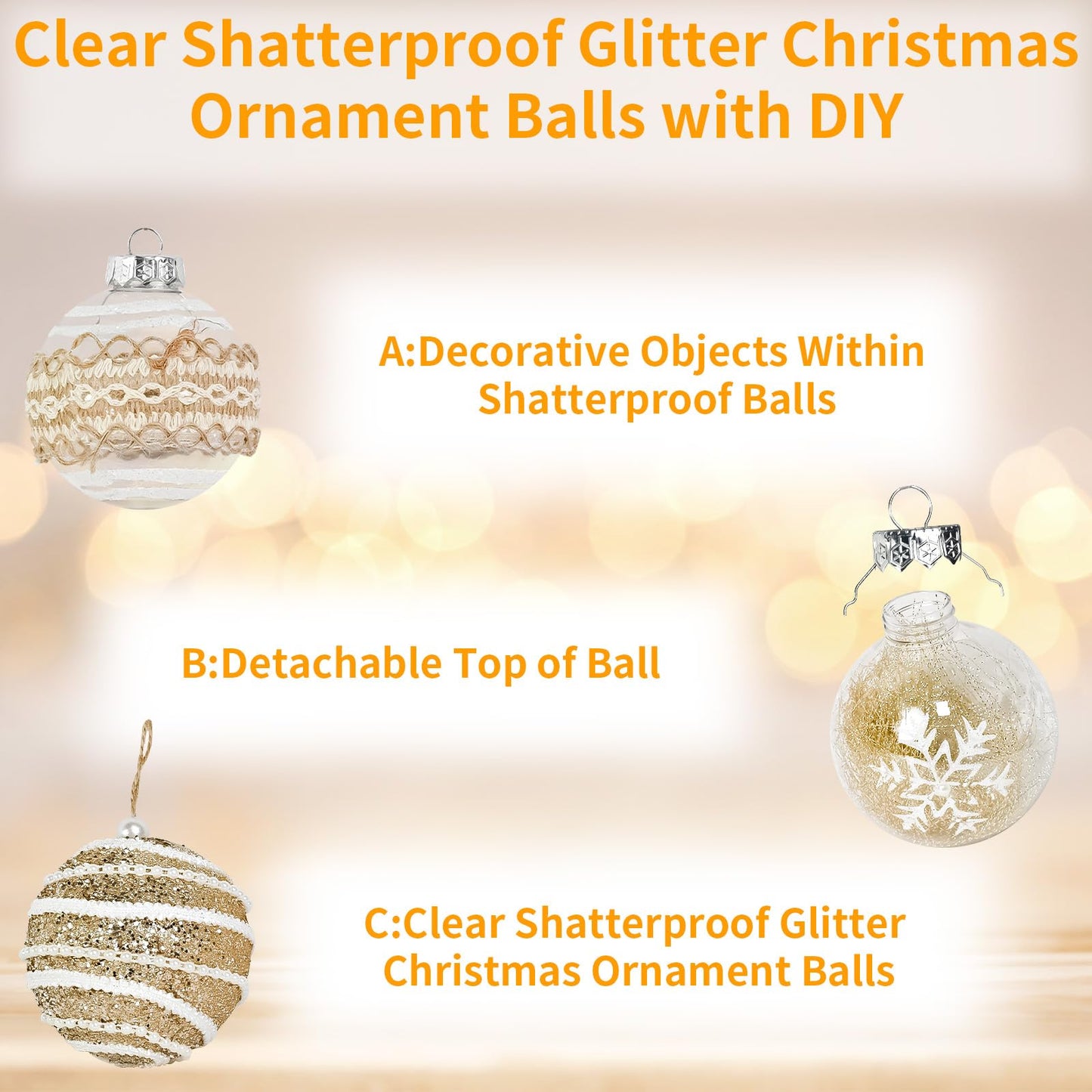 MuRealy Champagne Ornament Set - 9 PCS 3.15 Inch Shatterproof Glitter Hanging Balls - Plastic Decor Balls for Holiday Party, Christmas Tree (8cm)