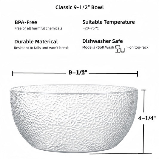 Qxbekmor 130 oz Acrylic Salad Bowls, 9.5" Serving Bowls for Fruits, Popcorn, Chips, Dips, Condiments, Break-Resistant Set of 2, Clear Circular