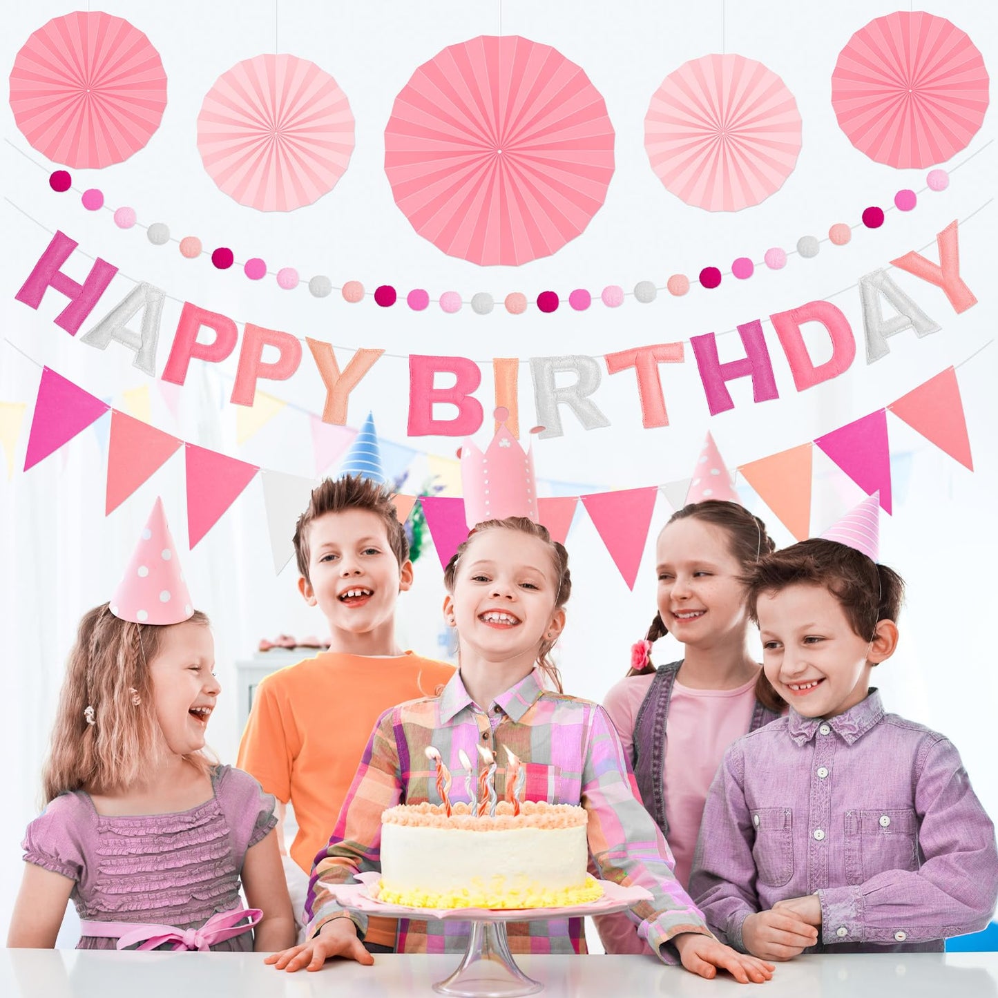 Danadia Pre-Strung Happy Birthday Banner, Reusable Felt Birthday Party Decorations, 3D Effect Happy Birthday Sign with Felt Ball Garland, Pennant Flag, Hanging Paper Fans for Men Women Boy Girls (Pink)