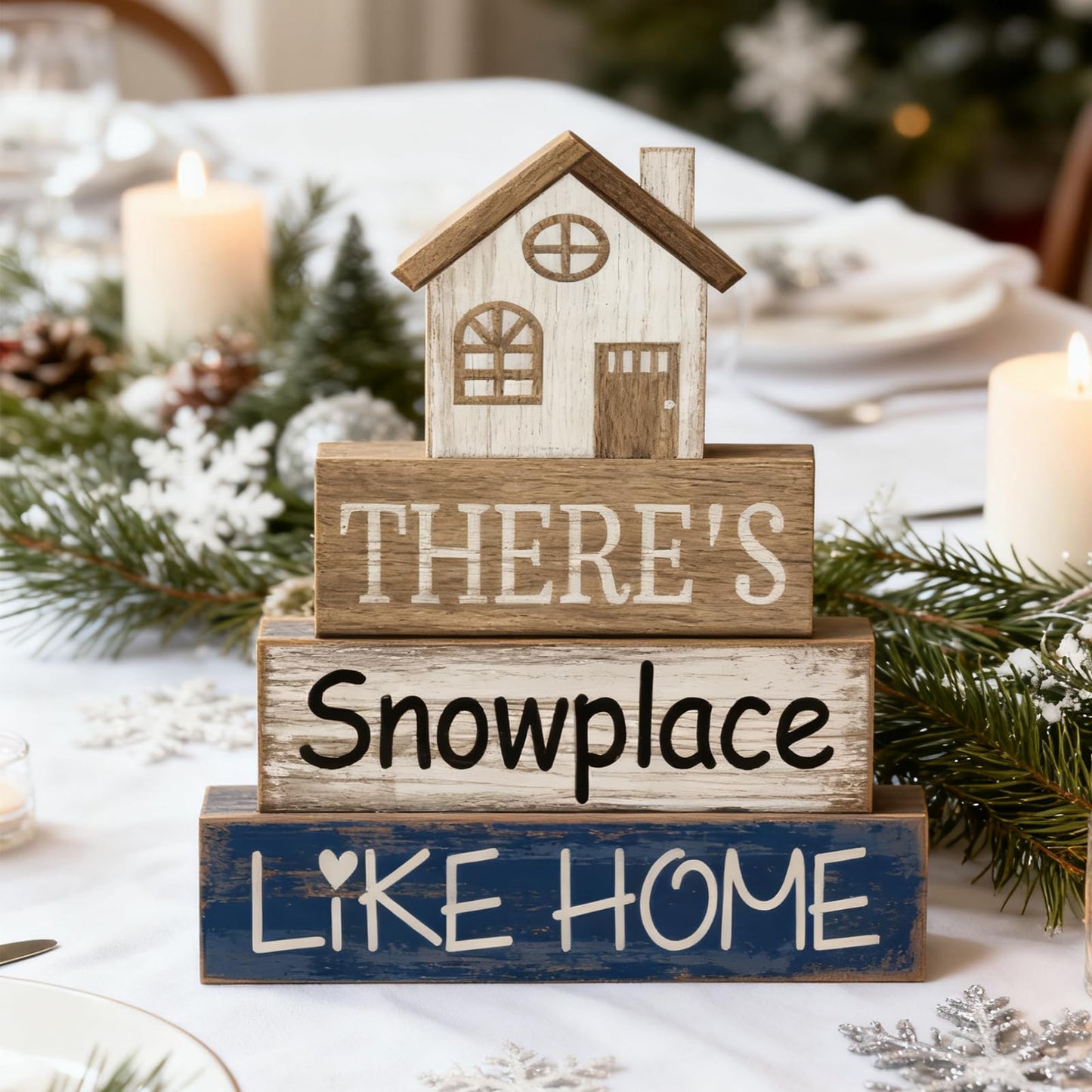 Lineshading 4 Pcs Winter Table Decoration Wooden House Decor Winter Tiered Tray Decor Rustic Decorative House Block Signs Gifts Christmas Centerpieces Farmhouse Sweet Home Decoration for Kitchen Desk