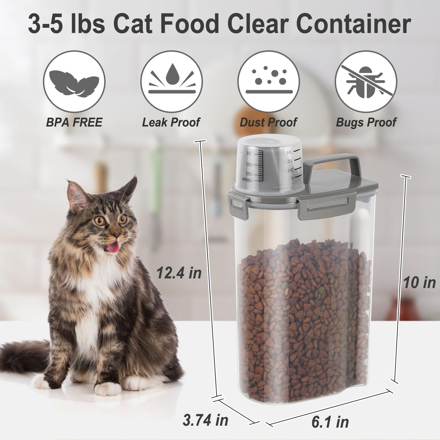 ODOMU Dog Cat Food Storage Container 3-5lb, Pet Food Container Airtight with Large Spout & Cup, BPA-Free Plastic Food Dispenser for Pet Food, Bird Seed, Rice, Flour (Dark Gray (3L-1pack))