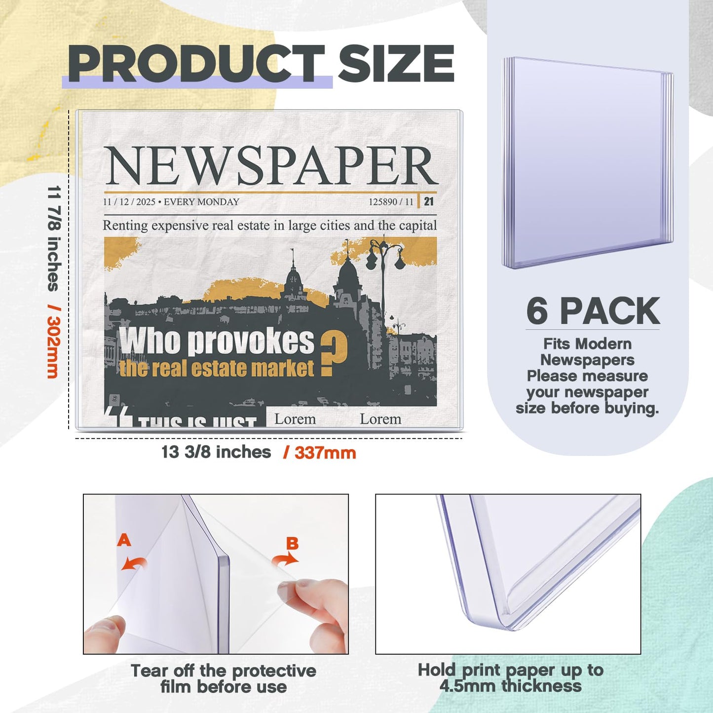 Faccito 6 Pack Hard Newspaper Holder 13" x 11" Rigid PVC Protection Plastic Newspaper Protector 4.5mm Thick Clear File Holders Archival Documents Storage for Magazines, Comics, Photos