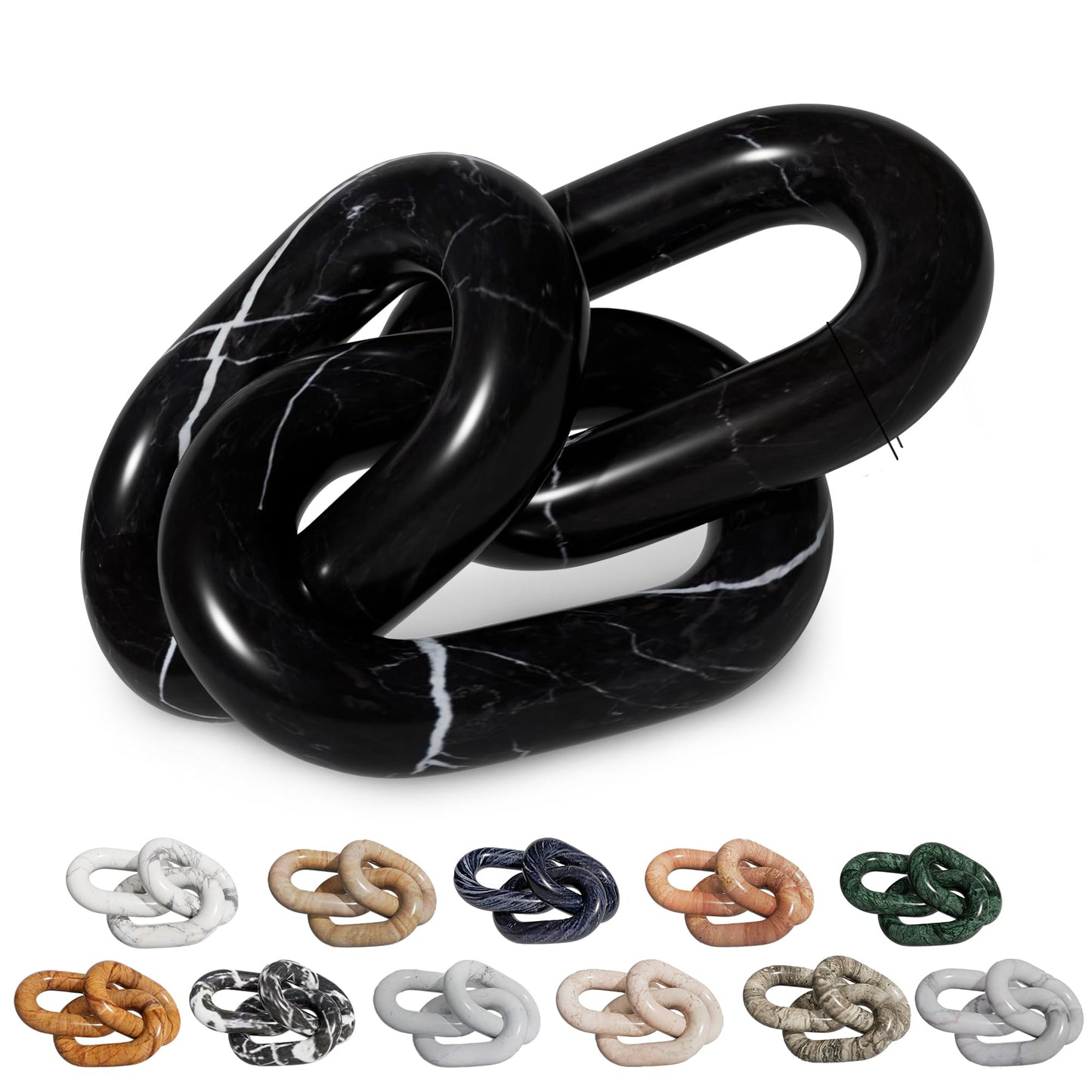 Kaivi Artisan Hand-Crafted Marble Decor Chain Link, Timeless Decorative Marble Links Home Decor for Living & Outdoor Spaces, Unique Marbling, Smooth Premium Imported Marble 13", Nero Marquina