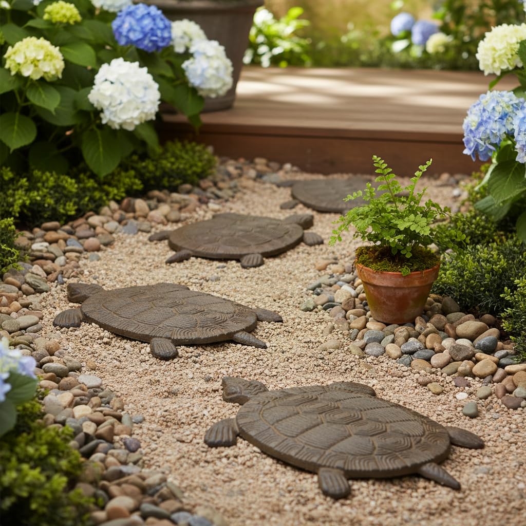 Comfy Hour 13" Heavy Duty Cast Iron Sea Turtle Stepping Stone, Decorative Metal Garden Paver for Outdoor Walkway & Yard, Weatherproof Coastal Yard Art Decor, Antique Brown (Light Brown)