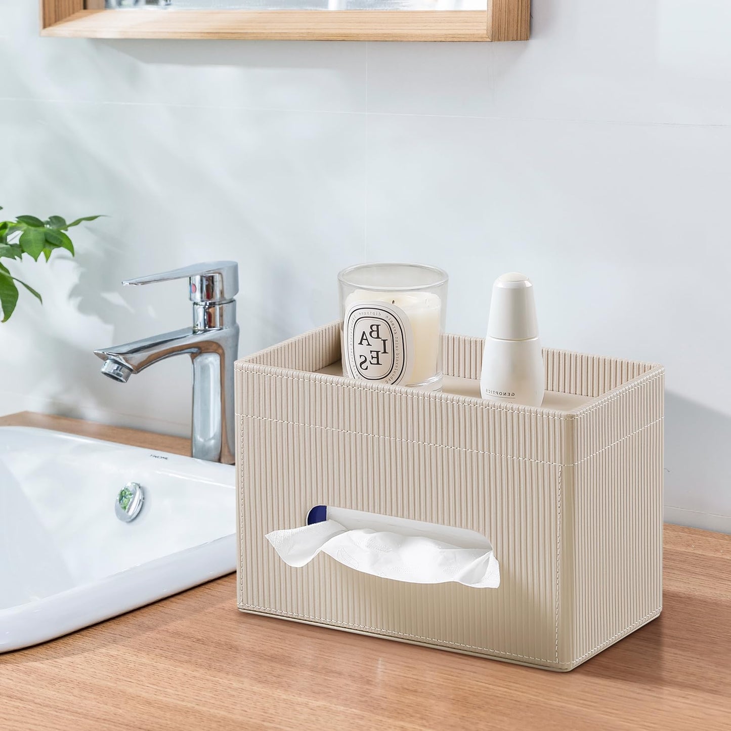 Cretkhp Tissue Box Cover Rectangle with Storage Tray, PU Leather Tissue Holder for Bathroom Vanity Countertop Night Stands Bedroom Office Desk, Stylish Rectangular Tissue Box Holder (Beige)