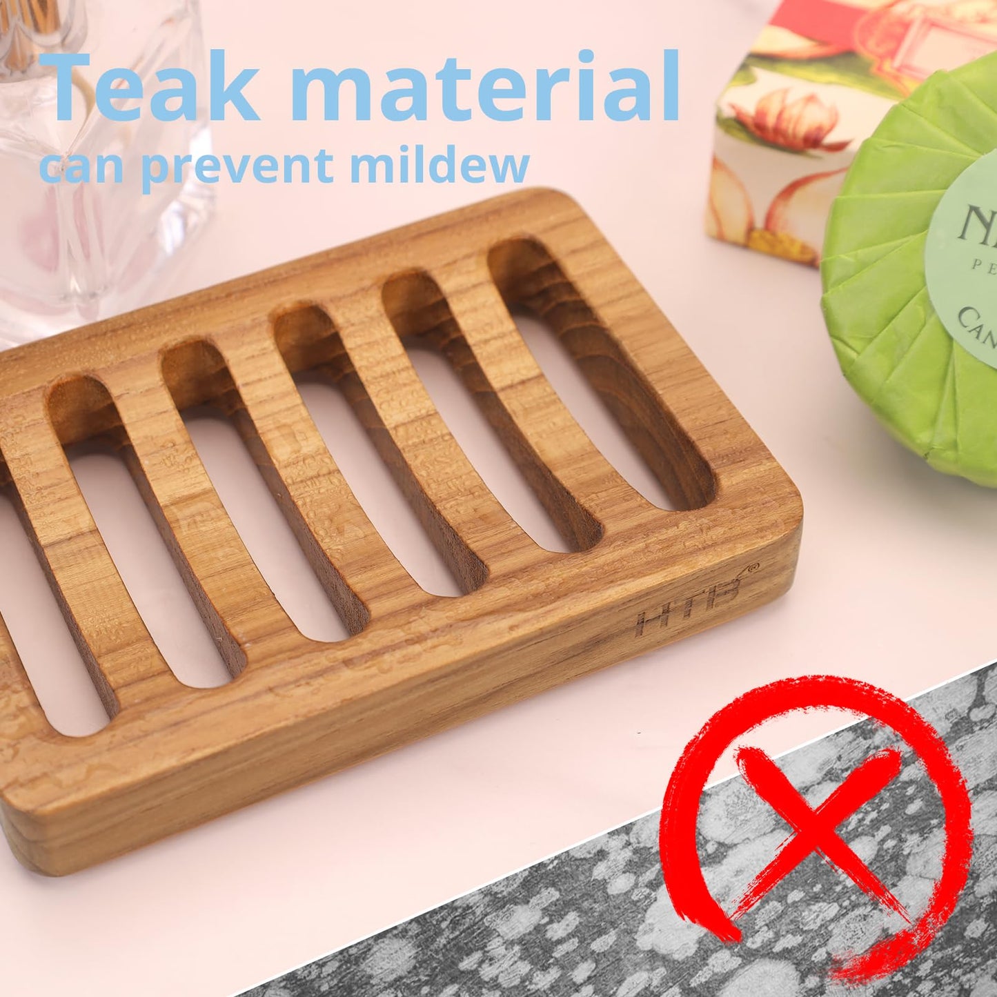 Slotted Bar Soap Holder Teak Wood by HTB, Kitchen Wooden Sponge Holder, Self Draining Soap Dish for Shower, Sink, Bathroom, Bathtub, RV