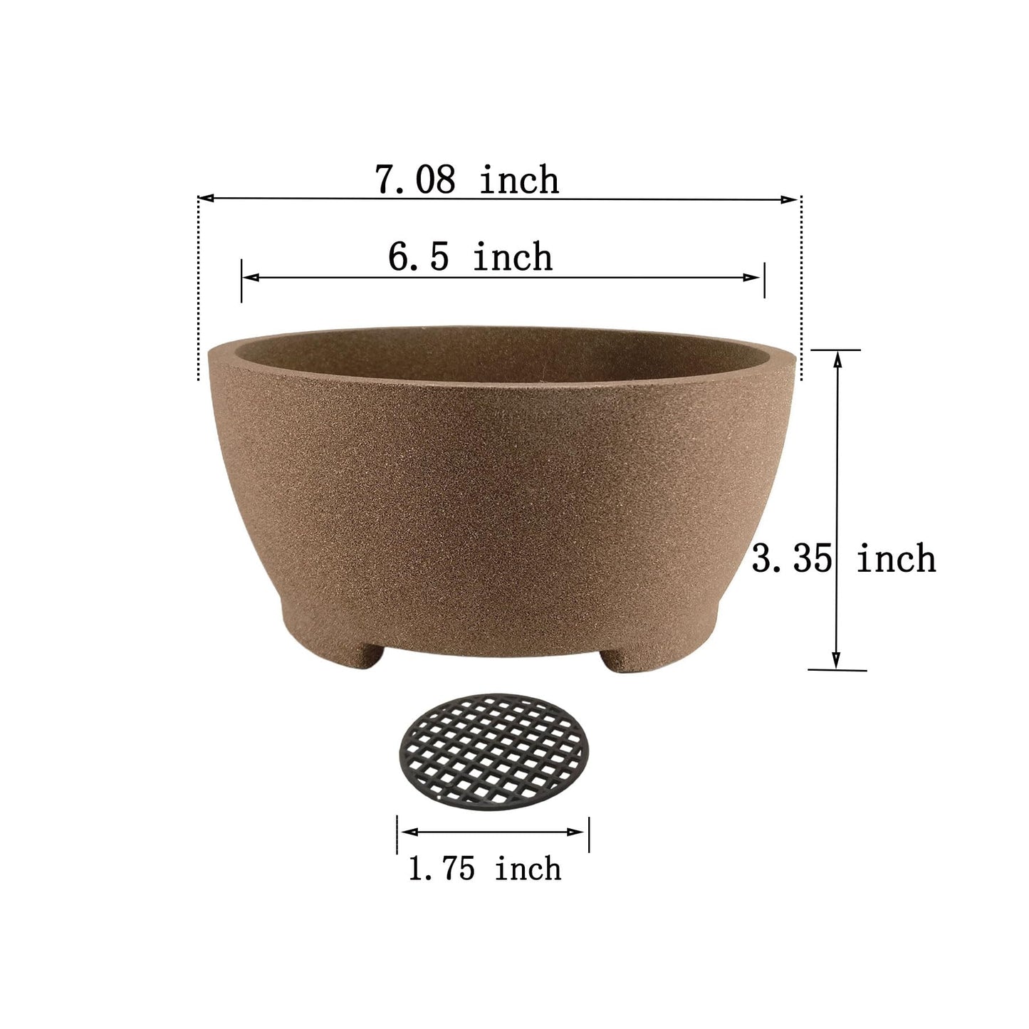 TINYVISTA 7” Brown Unglazed Bonsai Pot with Drainage Holes - Ceramic Clay Planter for Ficus Trees, Succulents & Indoor Plants, 3.3" High Round