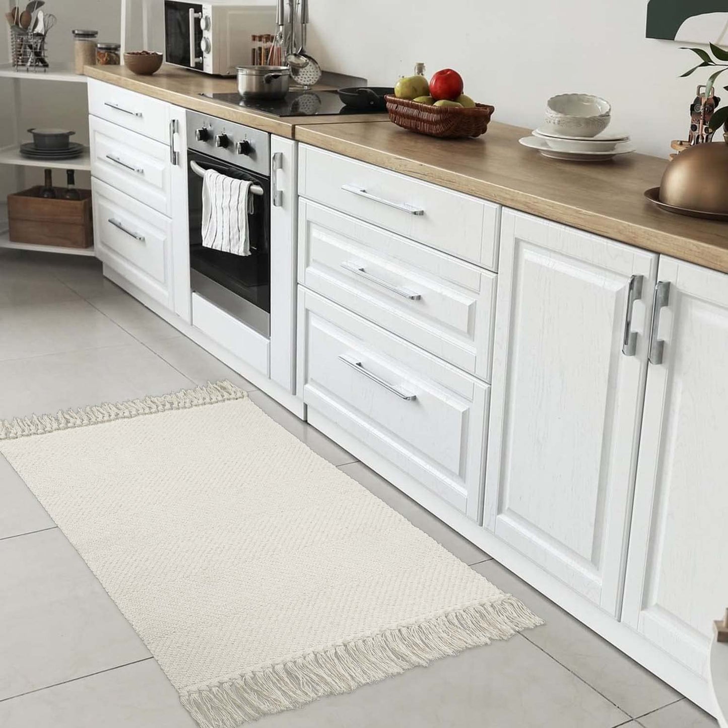 Collive Small Bathroom Rug, 2' x 3' Hand-Woven Low Profile Front Entryway Rug, White/Beige Cotton Reversible Washable Kitchen Mat Modern Farmhouse Carpet for Foyer Bedroom Back Door Decor