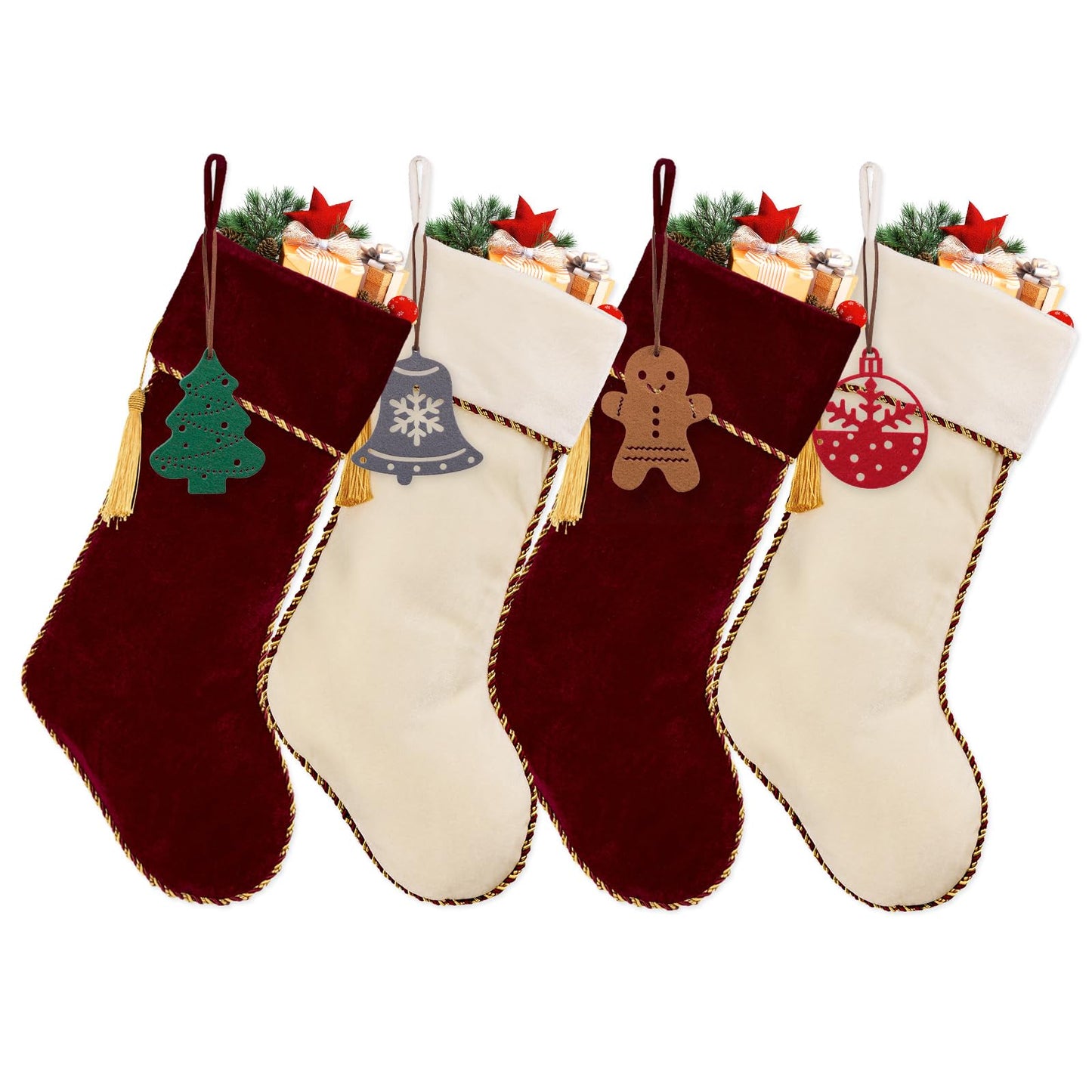 HiPeep 4 Pack Christmas Stockings, Red and White Luxury Velvet Christmas Stocking Set, Xmas Stocking for Fireplace, Tree Decorations