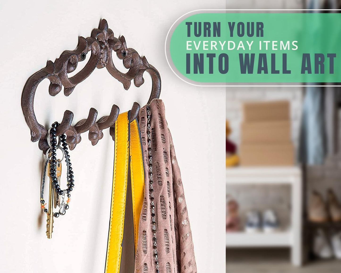 Comfify Cast Iron Wall Mounted Hanger – Vintage Design with 5 Hooks for Keys, Towels, Robes, and Clothes – Heavy Duty Rustic Metal – 12.6" x 5.9" – Brown