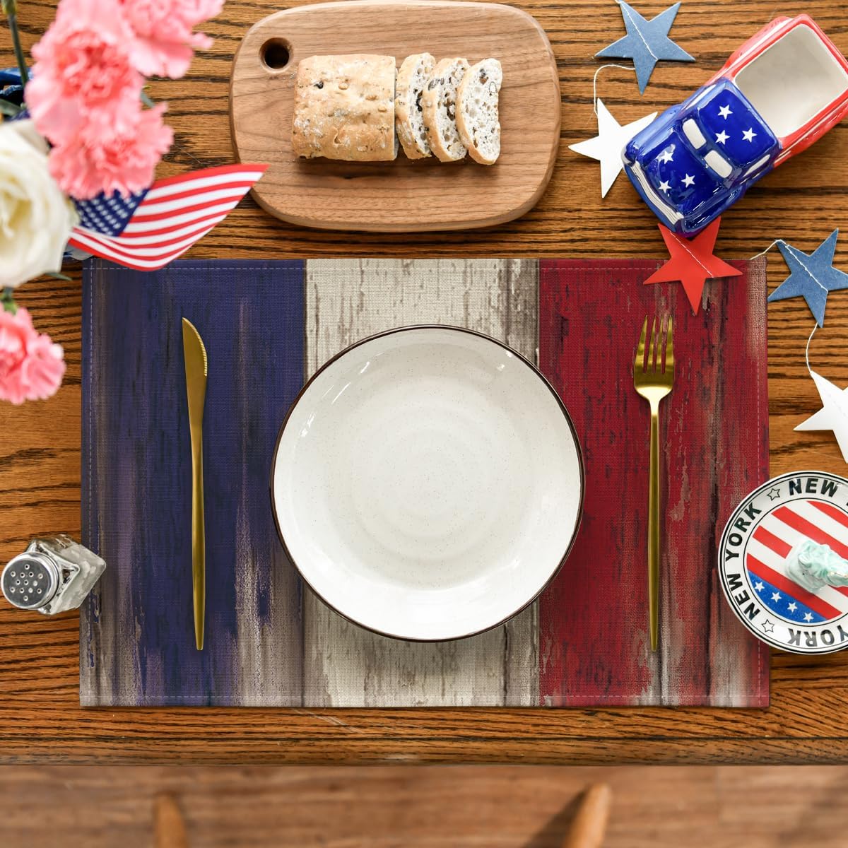 Artoid Mode Wood Style Stripes 4th of July Placemats Set of 4, 12x18 Inch Memorial Day Patriotic Table Mats for Party Kitchen Dining Decoration