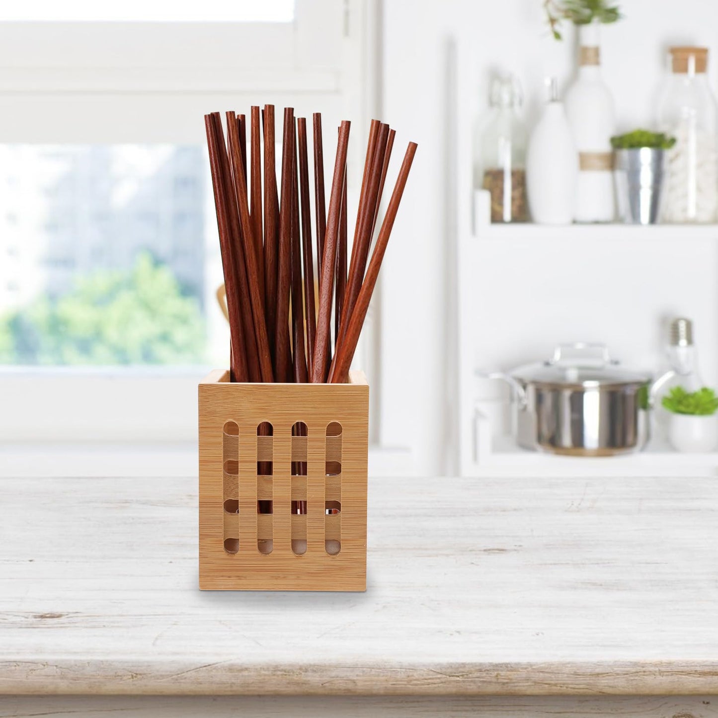 DOITOOL Bamboo Utensil Holder Wood Kitchen Utensil Holder for Napkin Spoon Chopstick Drying Rack Spatula Storage Organizer for Countertop Kitchen Decor