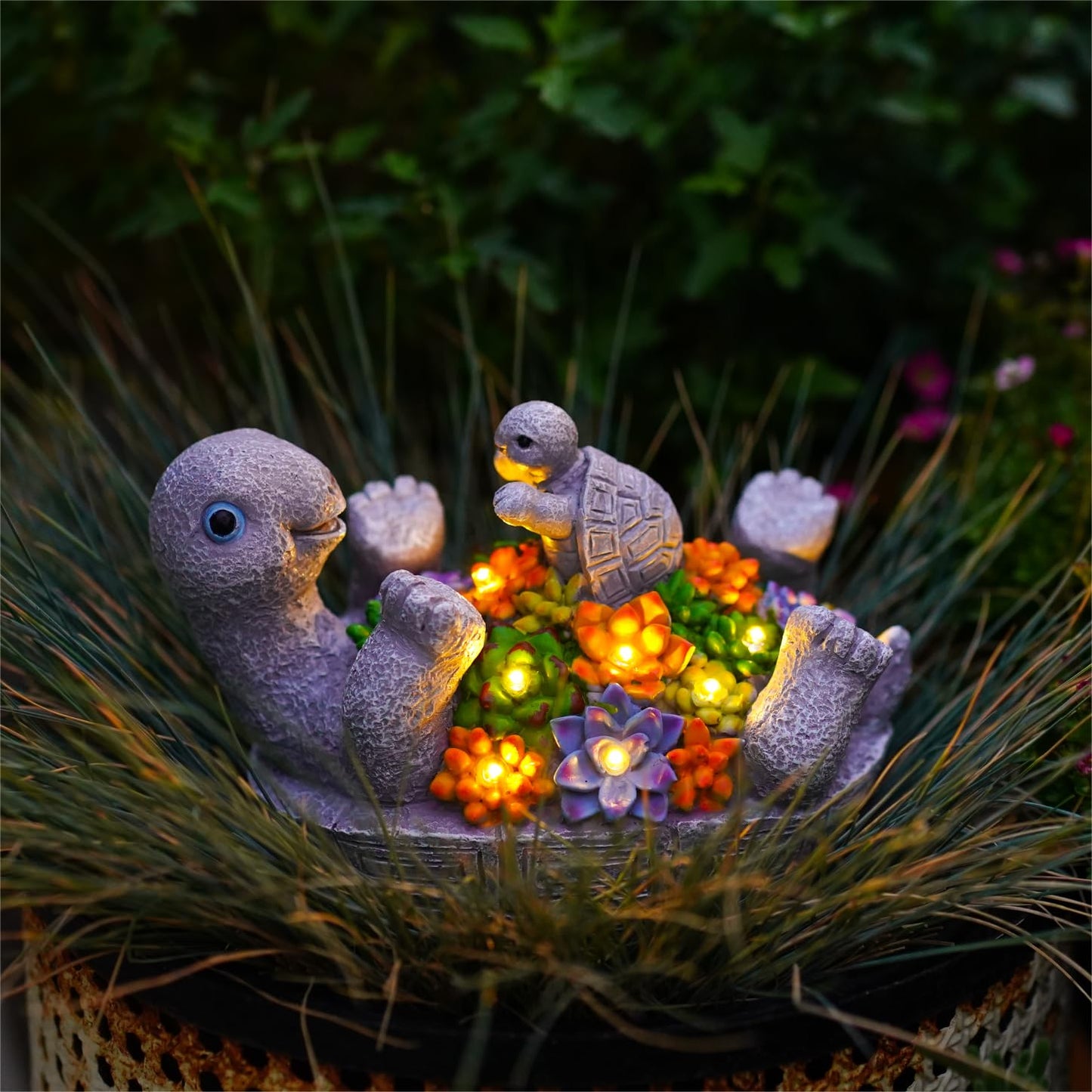 Pohabery Solar Turtle Figurines Garden Decor, Cute Turtle Statue with Baby with 7 LED Solar Lights Garden Lawn Decorations for Patio & Yard, Gifts for Mom, Gery