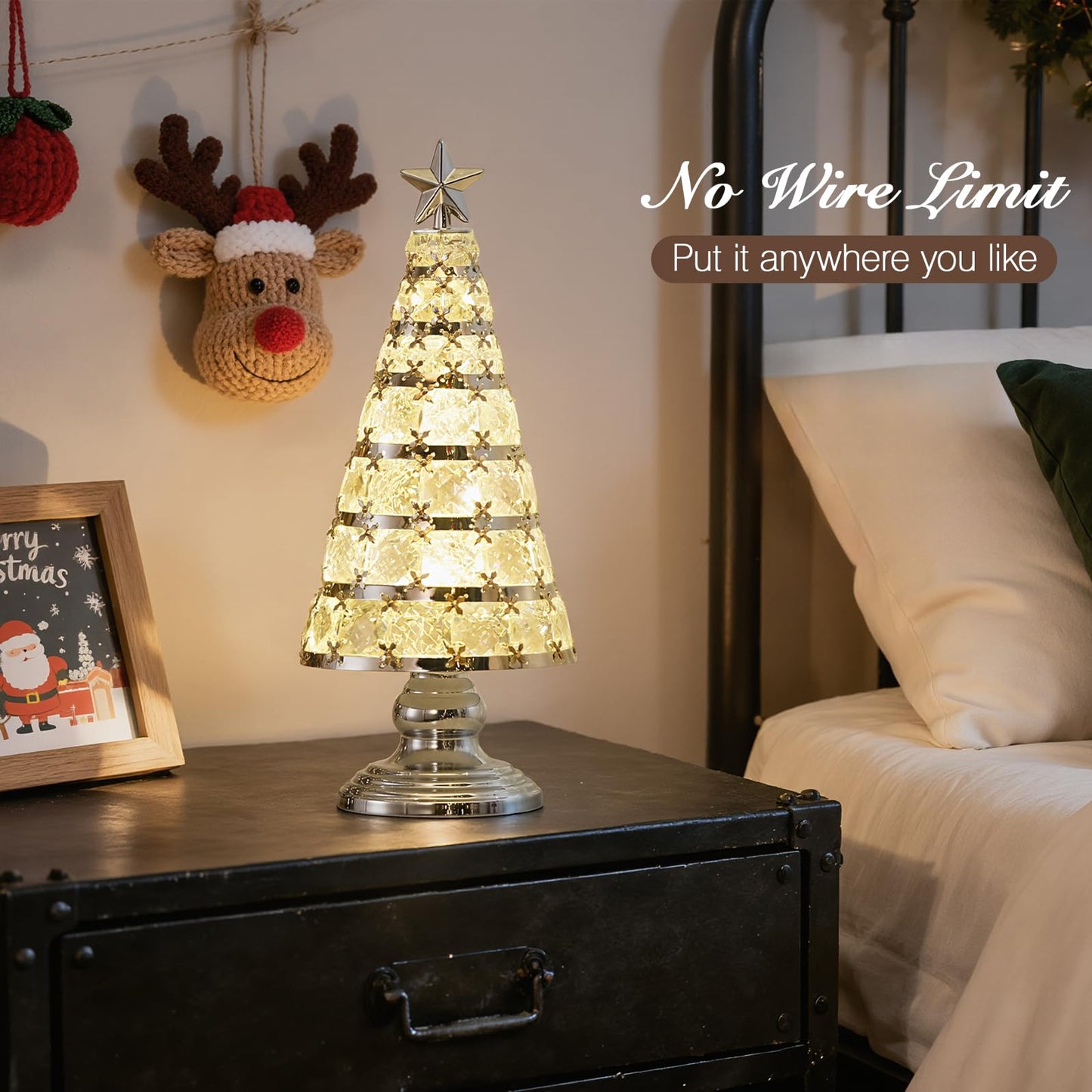 Lewondr Christmas Tree Lamp, 14 Inch Battery Powered Crystal Treetop Lighted Christmas Tree Decorative Light LED Lamp, Handmade Glass Tabletop Christmas Ornament for Home Party Gift, Silver