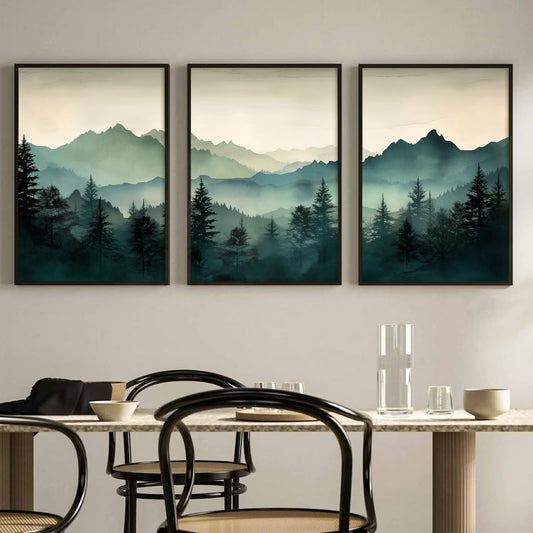 Mountain Wall Art Decor Set of 3 Sage Green Forest Canvas Wall Art Prints Nature Landscape Wall Decor Watercolor Pine Tree Pictures Abstract Modern Painting for Living Room Bedroom 12x16 Inch Unframed