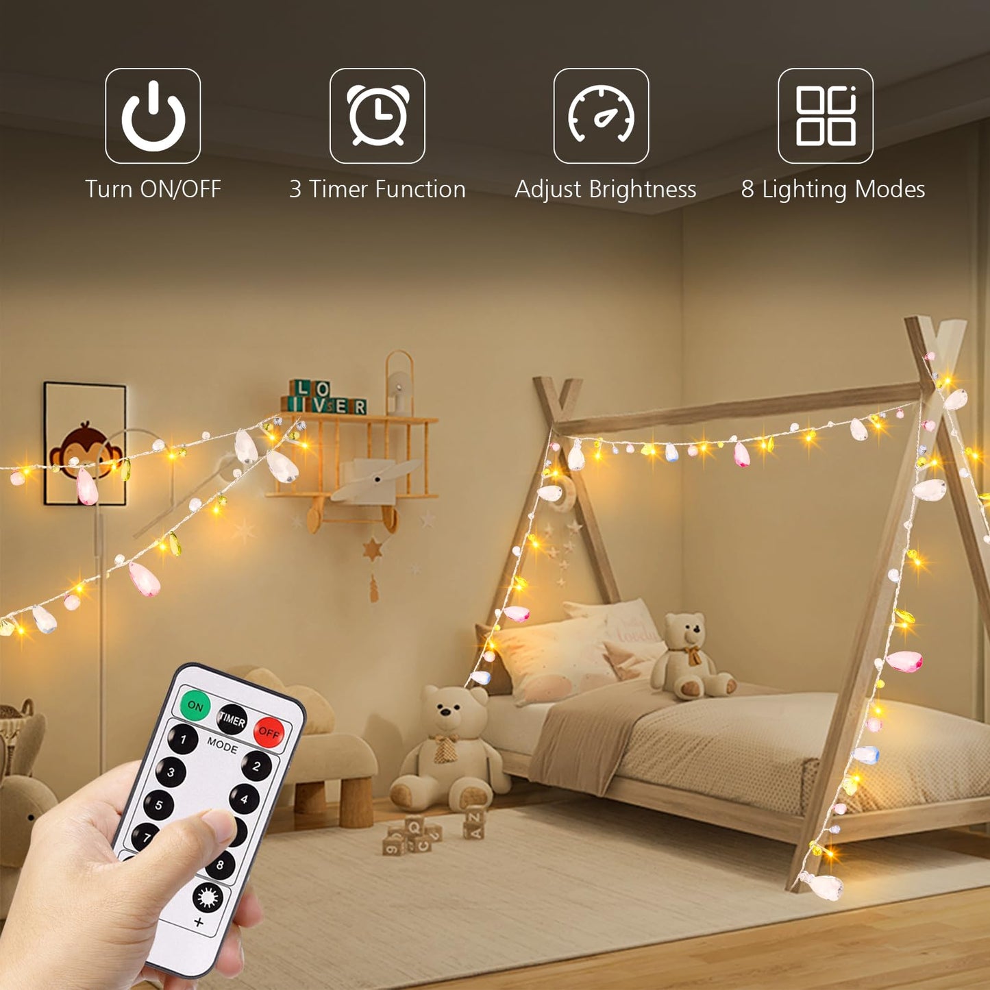 DealBeta Battery Operated Fairy String Lights, Acrylic Gems Jewels String Lights with Remote 8 Modes Timer Function,30 Warm White LED Battery Powered Fairy Lights for Bedroom Party Decor