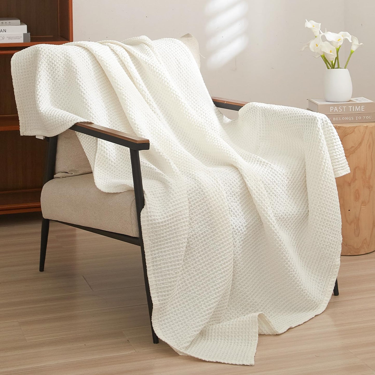 PHF Pre-Washed Cotton Waffle Weave Blanket Throw Size for Couch Bed,Snag Proof Spring Summer Lightweight Breathable,Oeko-TEX Certified,Machine Washable, Home Decor Gift，Cream