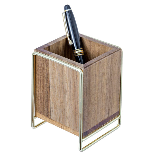 MyGift 3 Inch Modern Premium Solid Acacia Wood and Brass Tone Metal Wire Desktop Pencil Cup, Wooden Tabletop Pen Holder, Office Desk Stationery