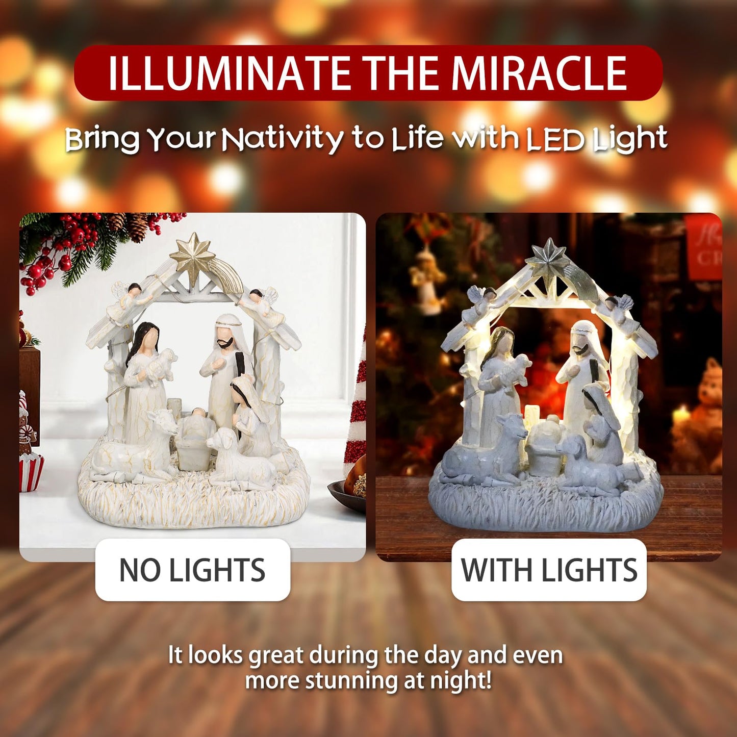 EBINGMIMA Nativity Set with LED Lights, Nativity Scene with Manger, Christmas Nativity Sets & Figures for Table Decoration