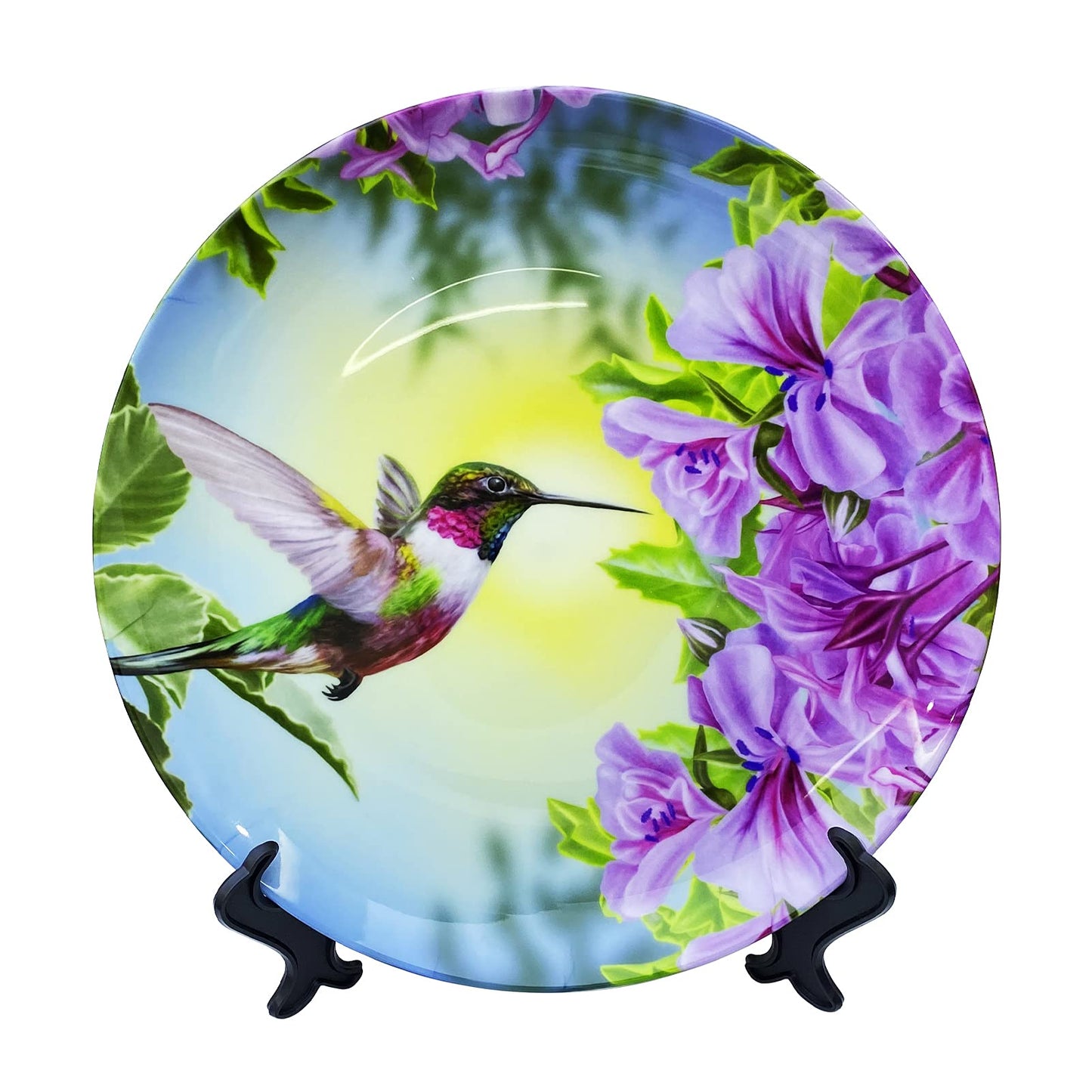 ALALAL 10 inch Bird Hummingbird Pink&Purple Flowers Decorative Plate Decorative Ceramic Plates Home Wobble-Plate with Display Stand Decoration Household Plates Decorative