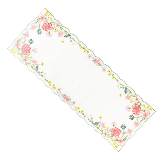 Chlophy Spring Table Runner Embroidered Wildflower Scalloped Small Floral Table Runner Farmhouse Short Flower Runner for Coffee Table Dining Decoration 36 inch Beige